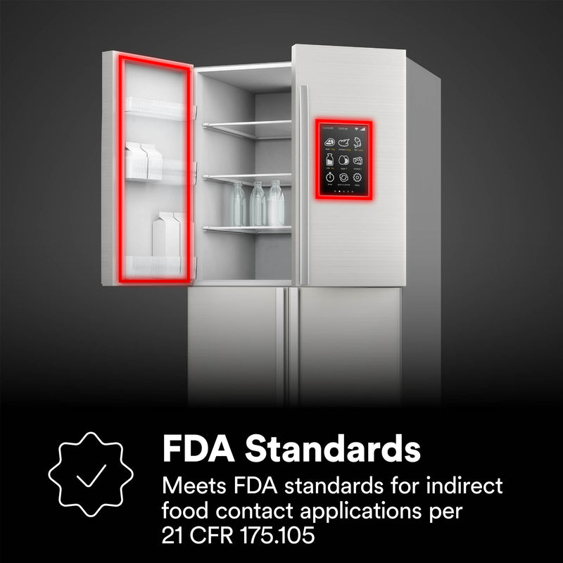 Refrigerator highlighting the areas where 3M LVO VHB tape is used. Meets FDA standards for indirect food contact - 21 CFR 175.105