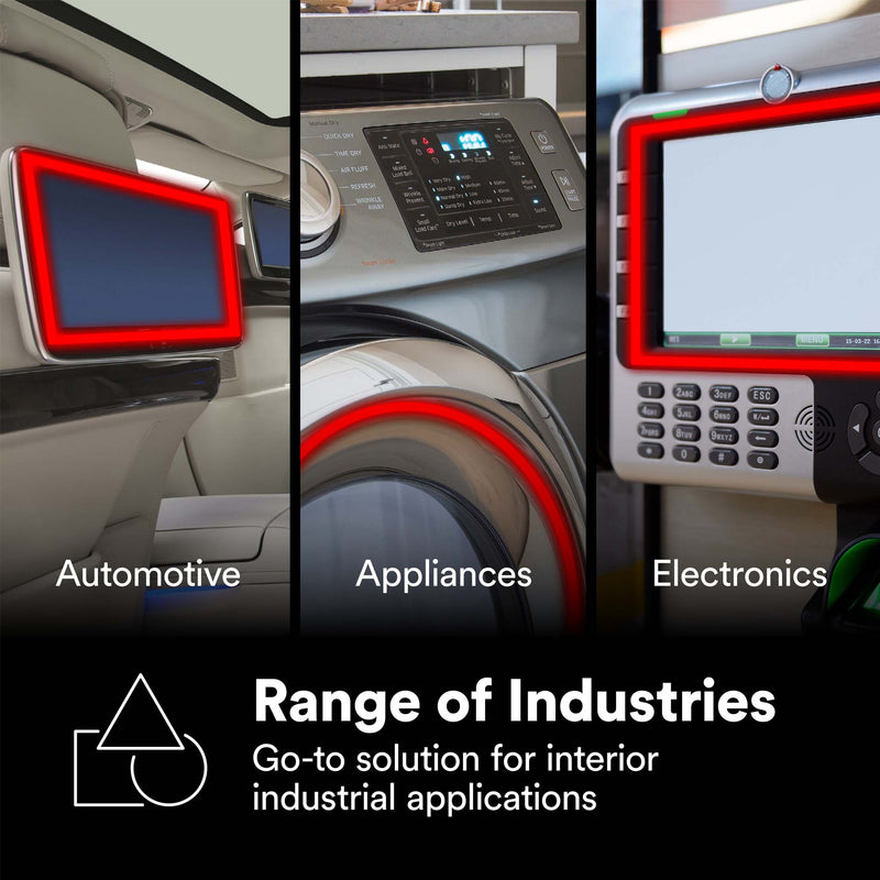 3M LVO VHB tape being applied on a screen in a car, on a dishwasher, and electronic display.