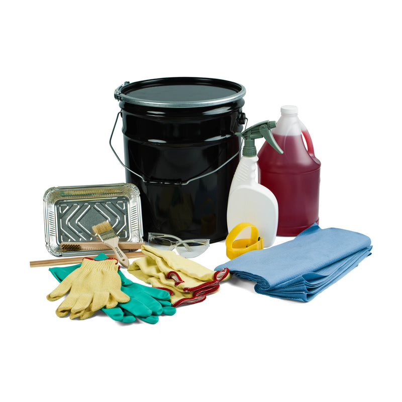 Red Baron Flush Kit components including 5-gallon pail, safety glasses, Kevlar sleeves, heat-resistant gloves, aluminum trays, wooden scraper, brushes, cleaning wipes, and cleaning solutions