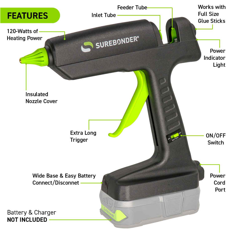 Features of Surebonder Hybrid 120 cordless glue gun