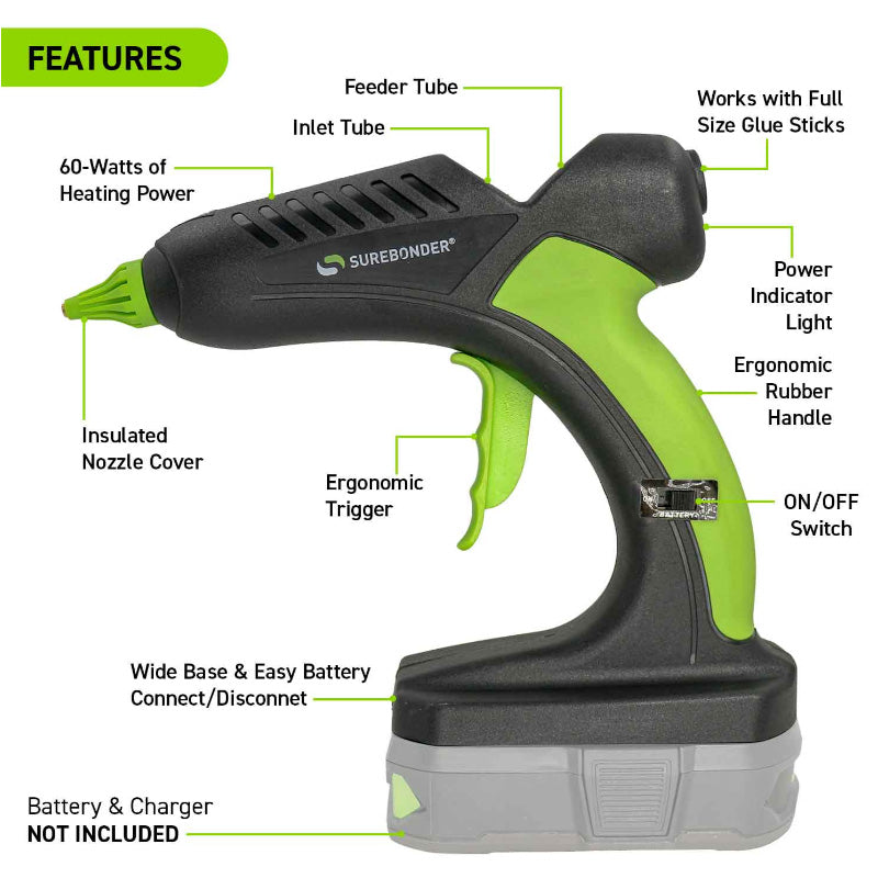 Features of Surebonder PRO2-60 Cordless Battery Powered Hot Melt Gun